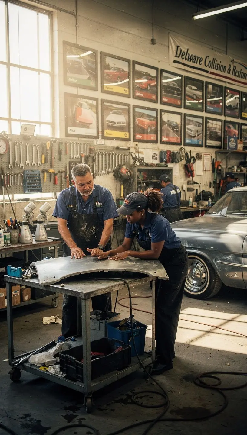 Lackierer trägt gleichmäßige Schicht frischer, glänzender Autolackierung auf die Fahrzeugoberfläche auf.